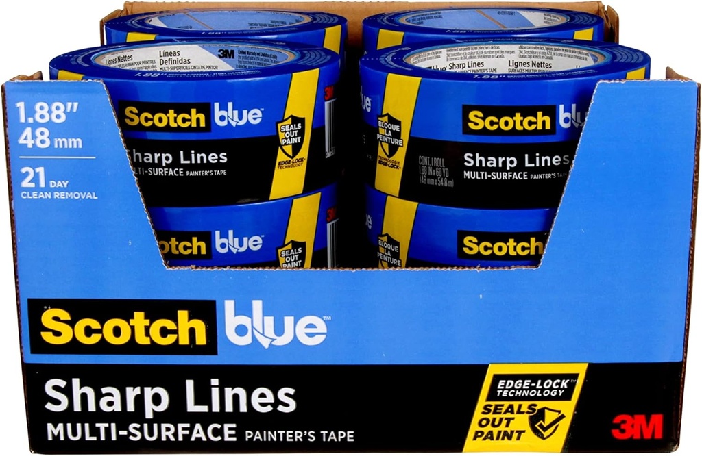 ScotchBlue Sharp Lines Multi-Surface Painter's Tape, 1.88 Inches x 60 Yards, 12 Rolls, Blue, Paint Tape Protects Surfaces and Removes Easily, Edge-Lock Painting Tape for Indoor and Outdoor Use