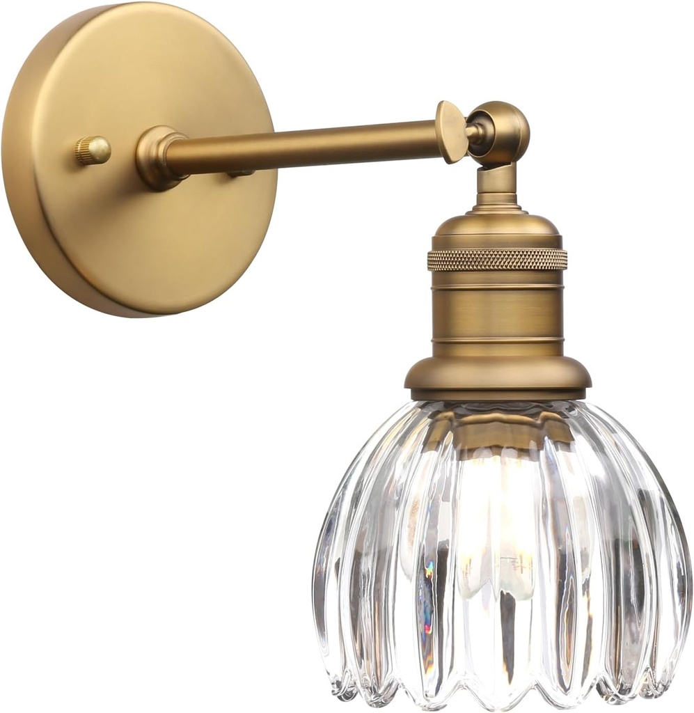 Yosoan Brass Gold Indoor Vintage Wall Sconce with Flower Shade, 1-Light Modern Vanity Industrial Hardwired Wall Mounted with Transparent Tulip Shade for Living Room Bedroom Kitchen Hallway (Antique)