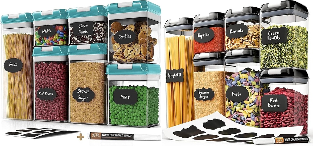 Airtight Food Storage Containers for Kitchen & Pantry Organization and Storage (14 Pack) - BPA Free Plastic Food Containers with Lock Lids - Sugar, Flour, Pasta with Labels & Marker - Teal & Black Col