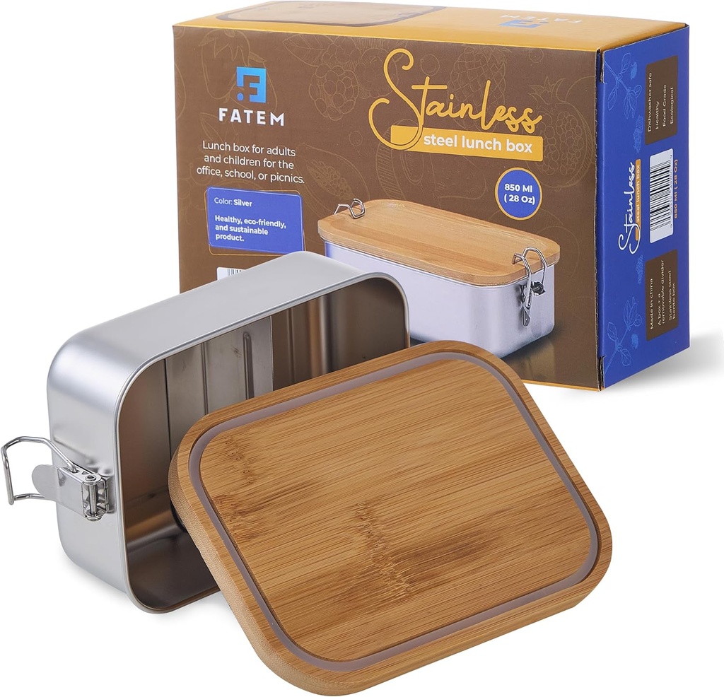 Bento box in 304 stainless steel. Metal Lunch Boxes with Eco-Friendly Bamboo Lid, Anti-Leak Locking Clips and a Removable Divider.