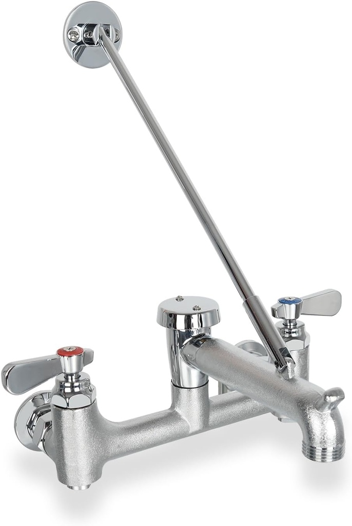 Commercial Mop Sink Faucet with Vacuum Breaker Wall Mount Service Sink Faucet 8 Inch Adjustable Center, Pail Hook, Rough Chrome-Plated Utility Sink Faucet