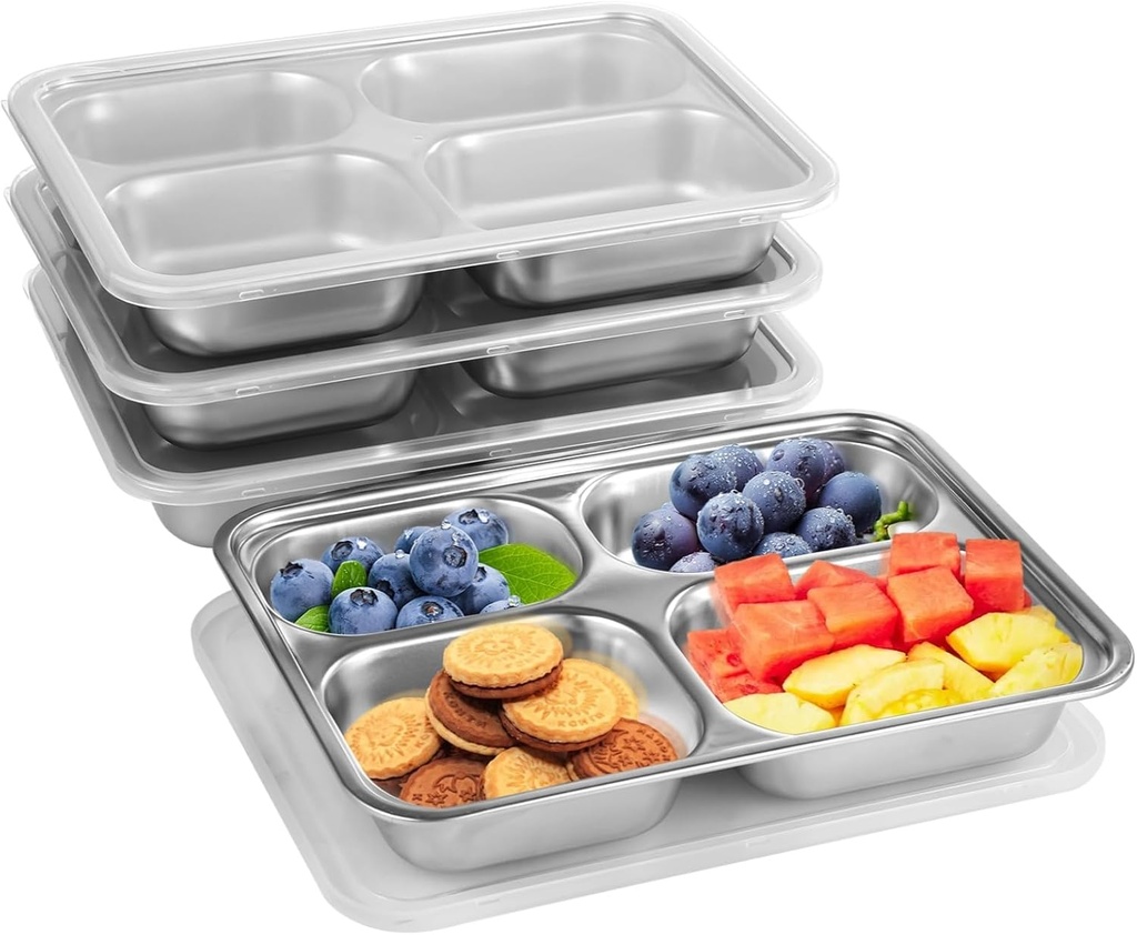 Homaisson Stainless Steel Snack Containers With Lids - 4 Pack - 4 Compartments Bento Snack Boxes, Divided Lunch Trays With Lids Reusable Bento Boxes Divided Food Storage Containers