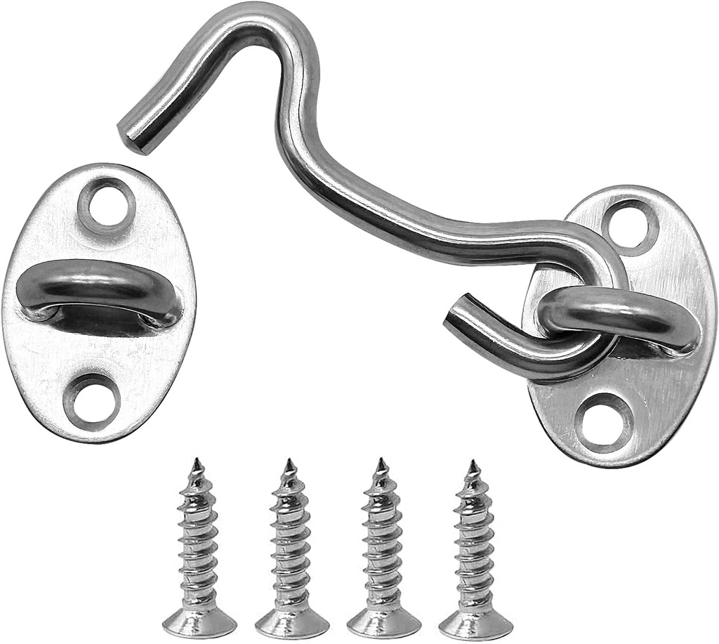 4 Pack 3" Hook and Eye Gate Latch, Stainless Steel Rust-Resistant Barn Door Lock Cabin Hooks for Gate Shutters Window Slide Barn Shed Cabinet Bathroom, with 16pcs Screw,Silver