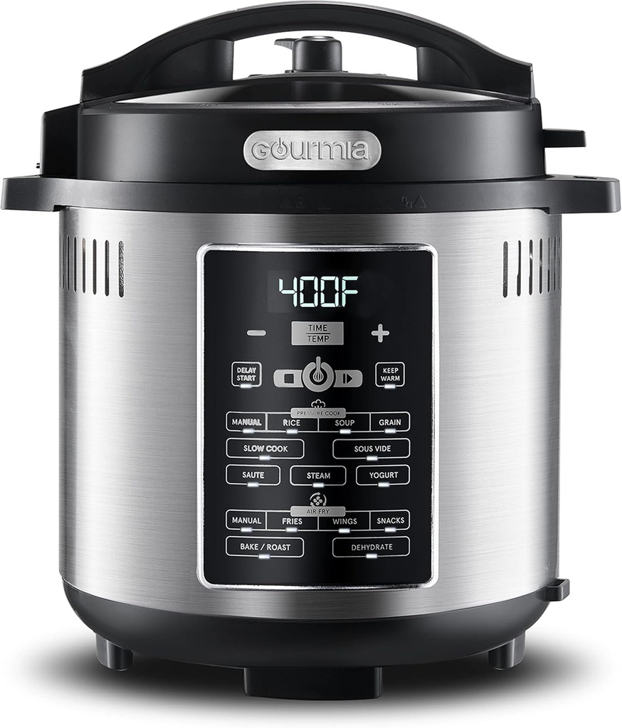 Gourmia GPA2060 One-Lid Pressure Cooker + Air Fryer With 15 One-Touch Cooking Functions - 6-Quart Nonstick Cooking Pot, Air Fry Basket, Multi-purpose Rack, Measuring Cup