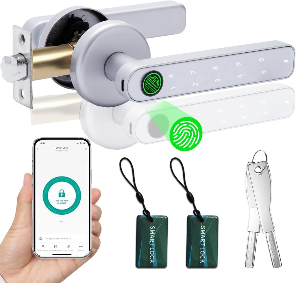 Smart Fingerprint Door Lock, Keyless Entry Door Lock with APP - Cards - Backup Key - Fingerprints - Codes, Biometric Door Lock for Bedroom Hotel Office Apartment and More