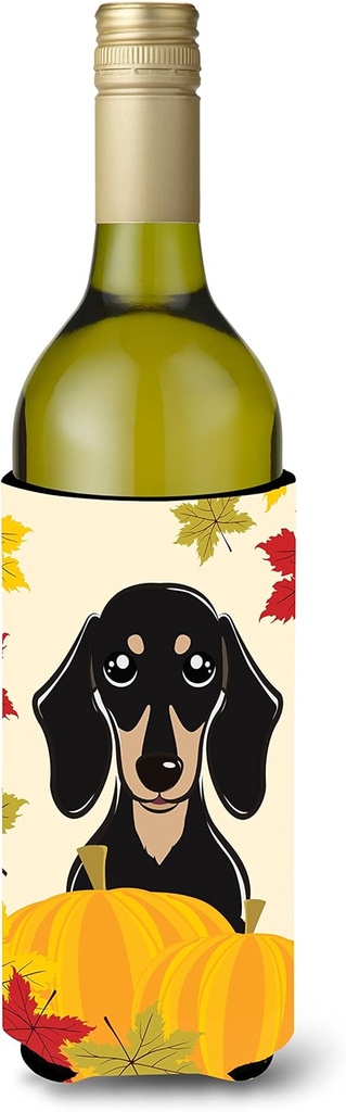 Caroline's Treasures BB2021LITERK Smooth Black and Tan Dachshund Thanksgiving Wine Bottle Hugger Bottle Cooler Sleeve Hugger Machine Washable Collapsible Insulator Beverage Insulated Holder