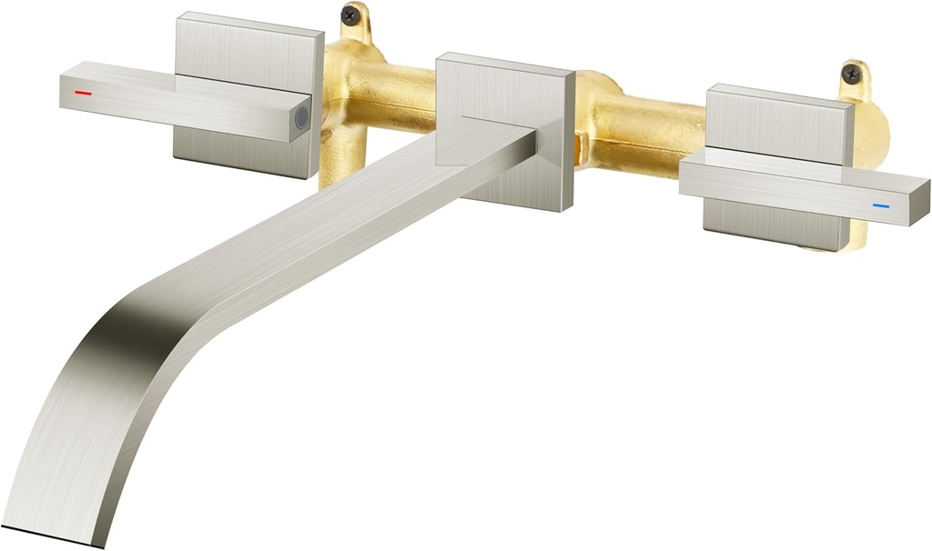 Modern Brushed Nickel Wall Mount Bathtub Faucet Solid Brass,AUU Double Handle Roman Tub Faucet Wall Mounted,Extra Long Tub Filler Spout Rough in Valve Included