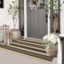 Striped Outdoor Fall Front Door Mat 24"x51", Cotton Hand Woven Washable Black and Khaki Rug Runner, Reversible Foldable Indoor Layered Front Door Rugs for Entryway/Farmhouse/Home Entrance