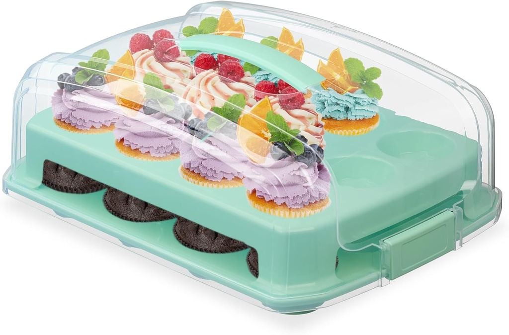 Relaxdays Muffin Transport Box, 24 Cupcakes & Muffins, 2 Levels, Carry Handle, H x W x D: 16 x 37.5 x 28.5 cm, Cake Box, Turquoise
