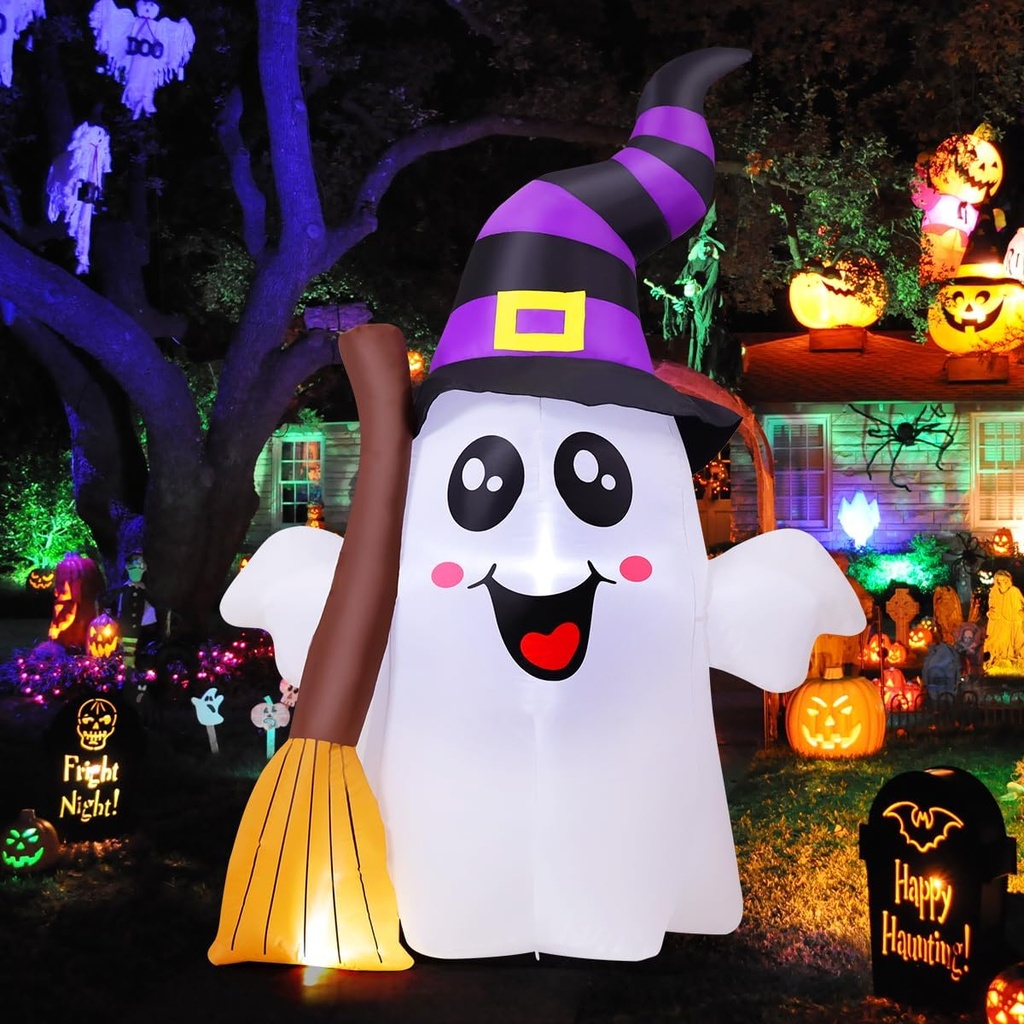 GOOSH 6.2 FT Halloween Inflatables Ghost Outdoor Decorations Blow Up Yard Cute Ghost Holding Broom with Built-in LEDs for Garden Lawn Indoor Party Decor