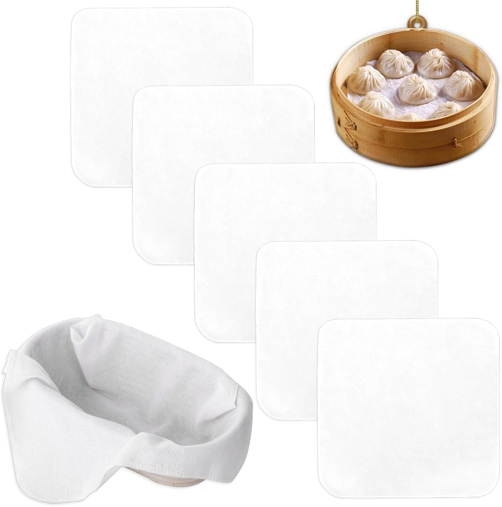 5 Pieces Cotton Steamer Liners 32 CM Reusable Cotton Steamer Liners Non-stick Pad Air Fryer Liner Steaming Dumplings/Bread/Buns/Rice Supply, Food Filter Cloth, 12.5 Inch, White