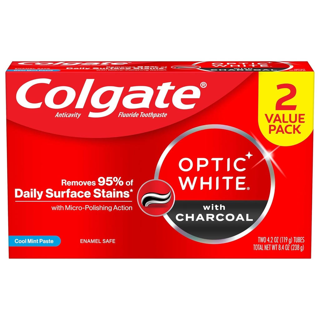 Colgate Optic White Whitening Toothpaste with Charcoal, Whitening with Charcoal Toothpaste Pack, Removes Daily Surface Stains, Enamel-Safe for Daily Use, Vegan, Cool Mint Paste, 2 Pack, 4.2 oz