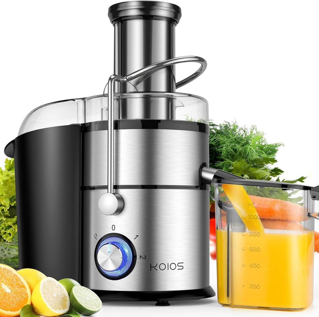 1300W KOIOS Centrifugal Juicer Machines, Juice Extractor with Extra Large 3inch Feed Chute, Full Copper Motor, Titanium-Plated Filter, High Juice Yield, 3 Speeds Mode,Easy to Clean with Brush,Non-BPA
