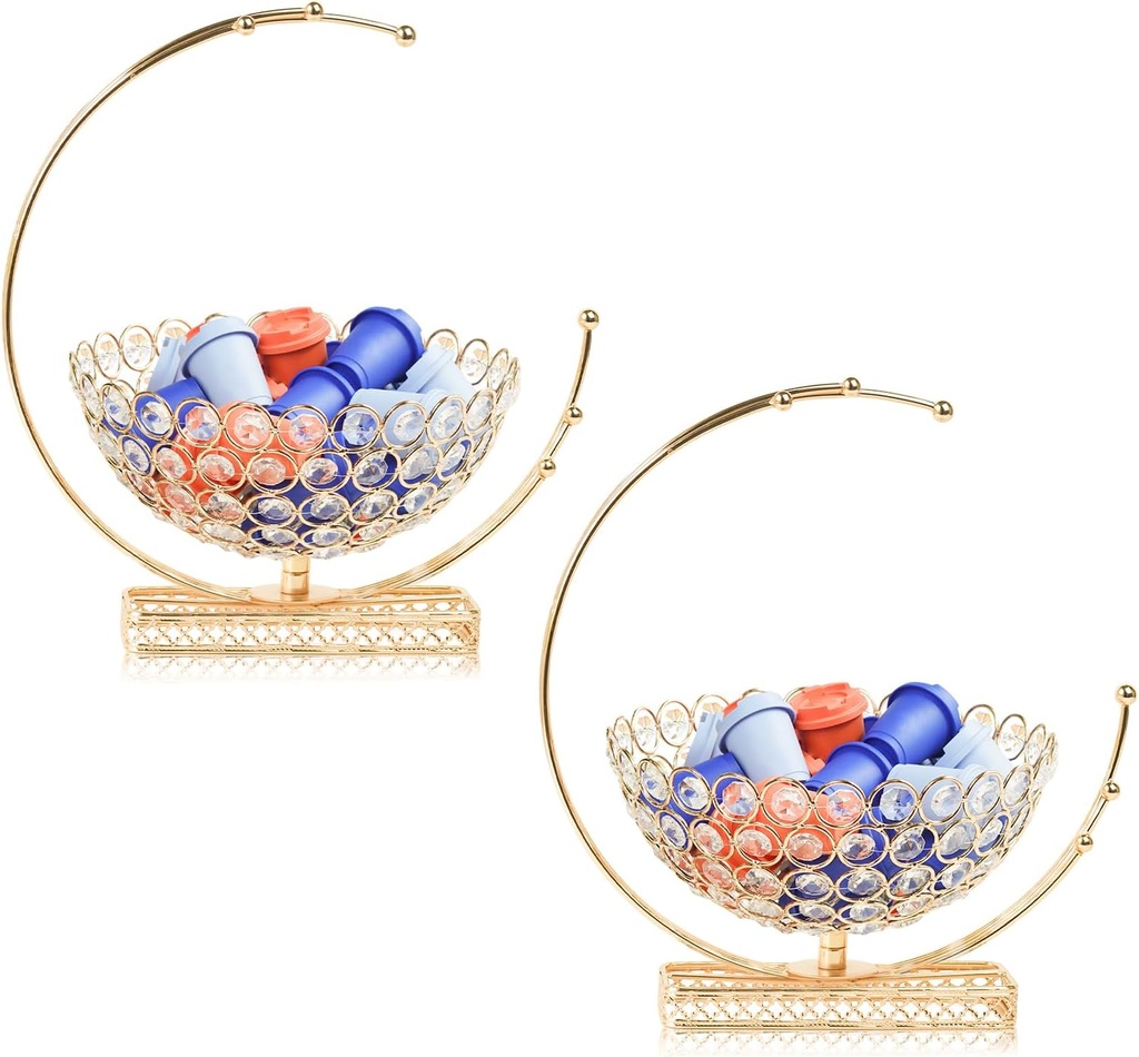 Metal & Crystal Coffee Pod Holder & Candy Basket - Elegant Multipurpose Storage Organizer for K Cups, Espresso Pods, Treats - Kitchen, Office, Home Bar (Gold, 2 PCS)