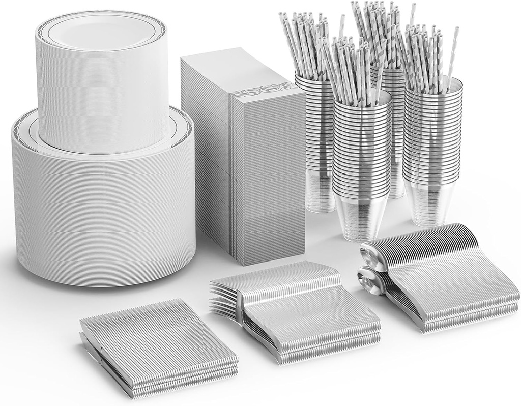 ROVSUN 800 Pieces Silver Disposable Dinnerware Set 100 Guests, Elegant Plastic Plates for Party Wedding,100 Dinner Plates,100 Dessert Plates,100 Cups,100 Silverware set,100 Napkins, 100 Straws