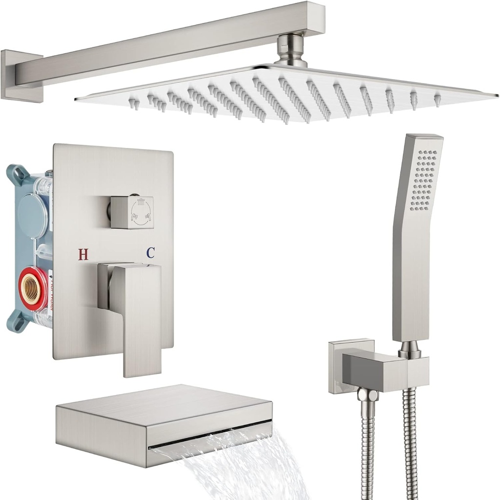 gotonovo Shower System with Tub Spout Shower Faucet Set Complete with Waterfall Spout Rainfall Shower Head with Handheld Spray Wall Mount Shower Valve Kit 10 inch Shower Head,Brushed Nickel