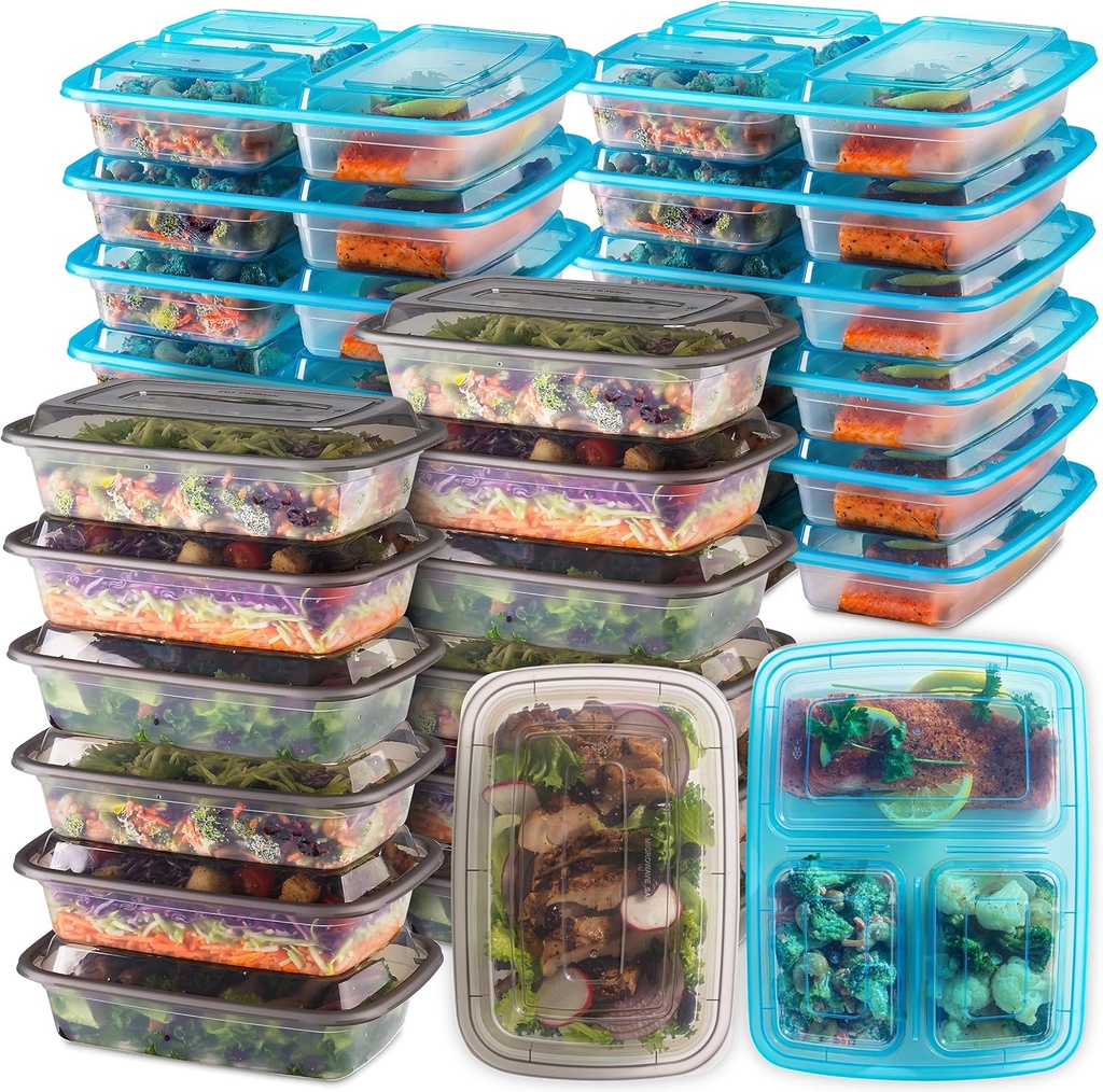 Food Storage Containers With Lids - (24 Pack-32 Oz) 12- 3 Compartment Meal Prep Containers Reusable Or Disposable & 12- Single Food Storage Bento Boxes, Bpa Free, Microwave, Freezer, Dishwasher Safe