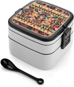 Native Patterns Bento Box with Spoon, 2-layer Stackable Lunch Box Leak Proof with Invisible Handle, Insulated Food Storage for Office, Picnic & Travel