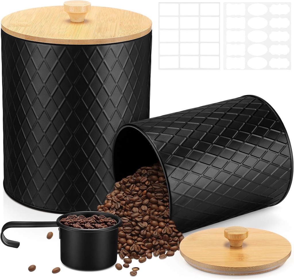 2 Pcs Black Coffee Canister Set for Kitchen Countertop Bar Flour Sugar Tea Storage Container Farmhouse Metal Spice Jar with Airtight Bamboo Lid Spoon & Labels Housewarming Gift (2 Sizes)