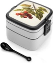 Art Cherry Painting Bento Box with Compartments Double Layer Bento Lunch Box with Spoon And Handle All-in-One Adult Lunchbox Leakproof Lunch Container for Work Picnic Travel