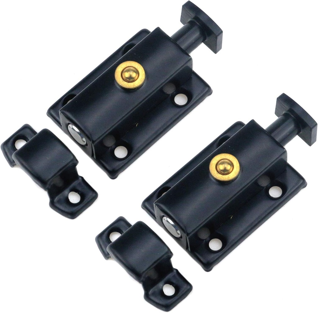 Quluxe 2 Inch Automatic Spring Slide Lock, Stainless Steel Security Thicken Door Latch Sliding Lock Barrel Bolt with Button- Black(Pack of 2)