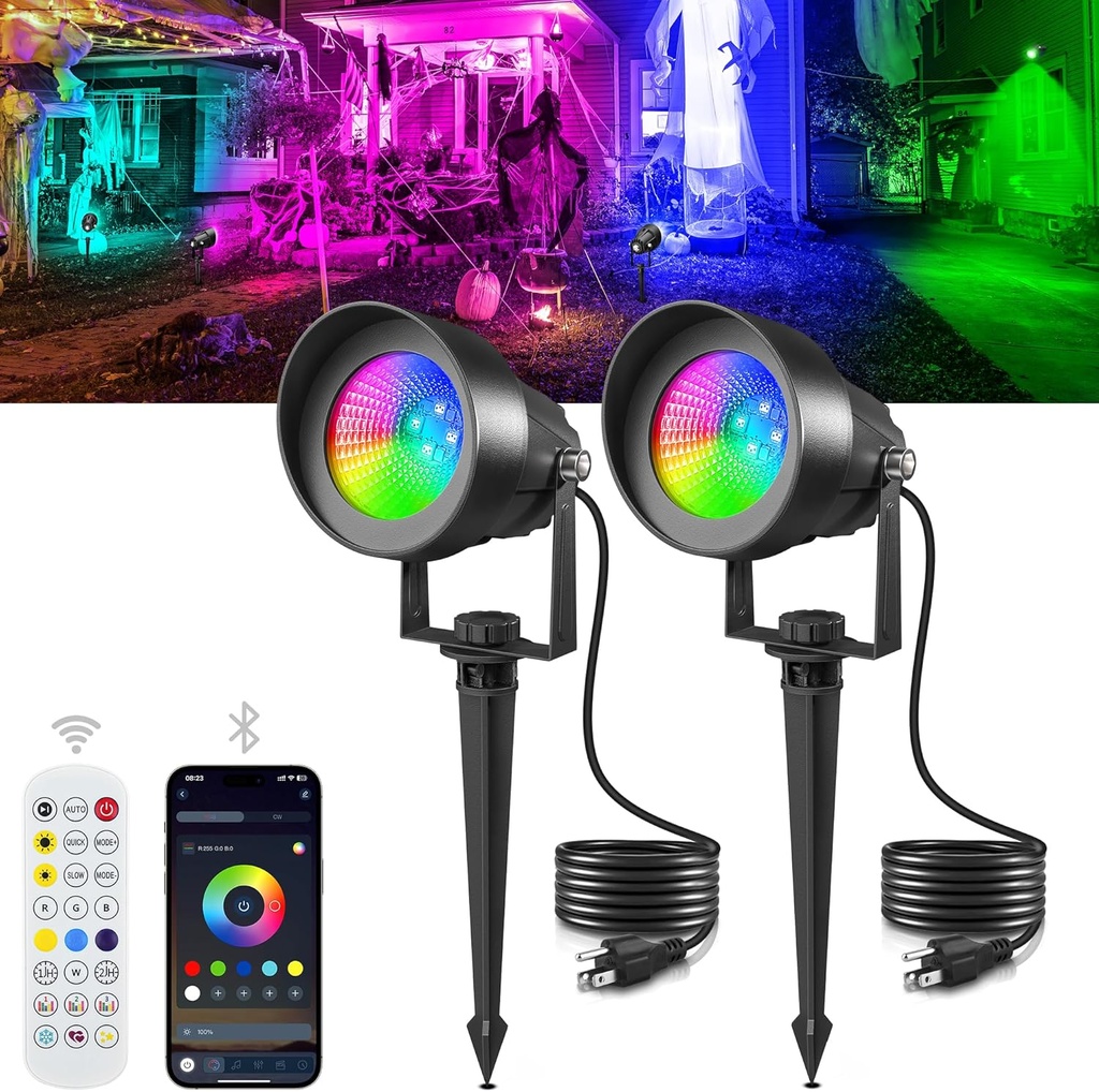 T-SUN Smart Color Changing Landscape Lights, RGBW Christmas Spotlights Outdoor with App & Remote, Music Sync, 16M Colors, Timer, Dimmable Waterproof Spot Light for Yard Garden Tree, Set of 2
