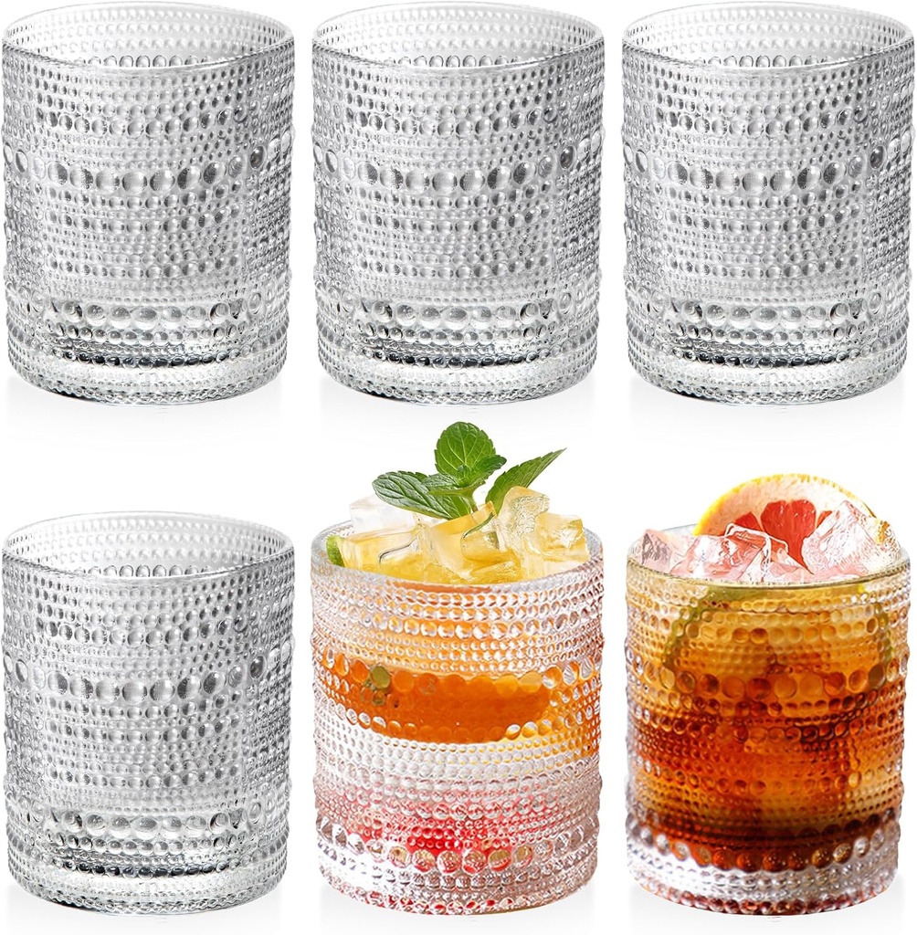 Hobnail Glasses Set of 6 Highball Vintage Drinking Glasses 12OZ Clear Embossed Vintage Glassware Hobnail Glass Cup for Water, Juice,Cocktail, Wine, Beer, Whiskey for Thanksgiving Day, Christmas Gift