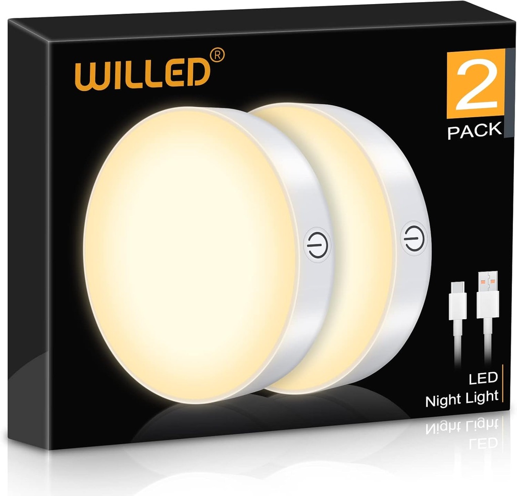 WILLED 3000K Dimmable Touch Lights, Battery Rechargeable Tap Lights, Magnet Stick on Closet Light, Portable LED Puck Night Lights for Cabinet, Wardrobe, Counter, Kitchen, Bedroom (2 Pack)