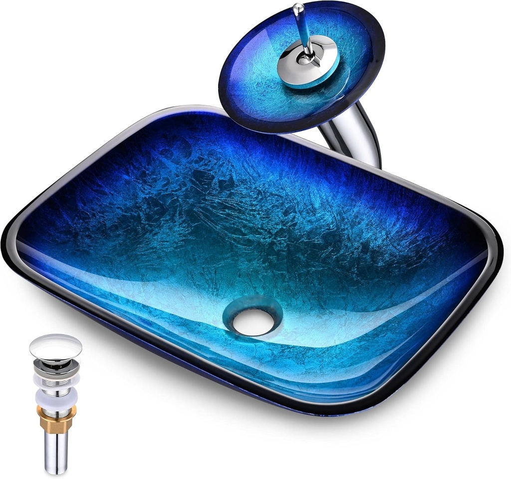 Aquaterior Tempered Glass Bathroom Vessel Vanity Sink Above Counter Blue with Waterfall Faucet Pop up Drain Combo Rectangle Artistic Victorian Era