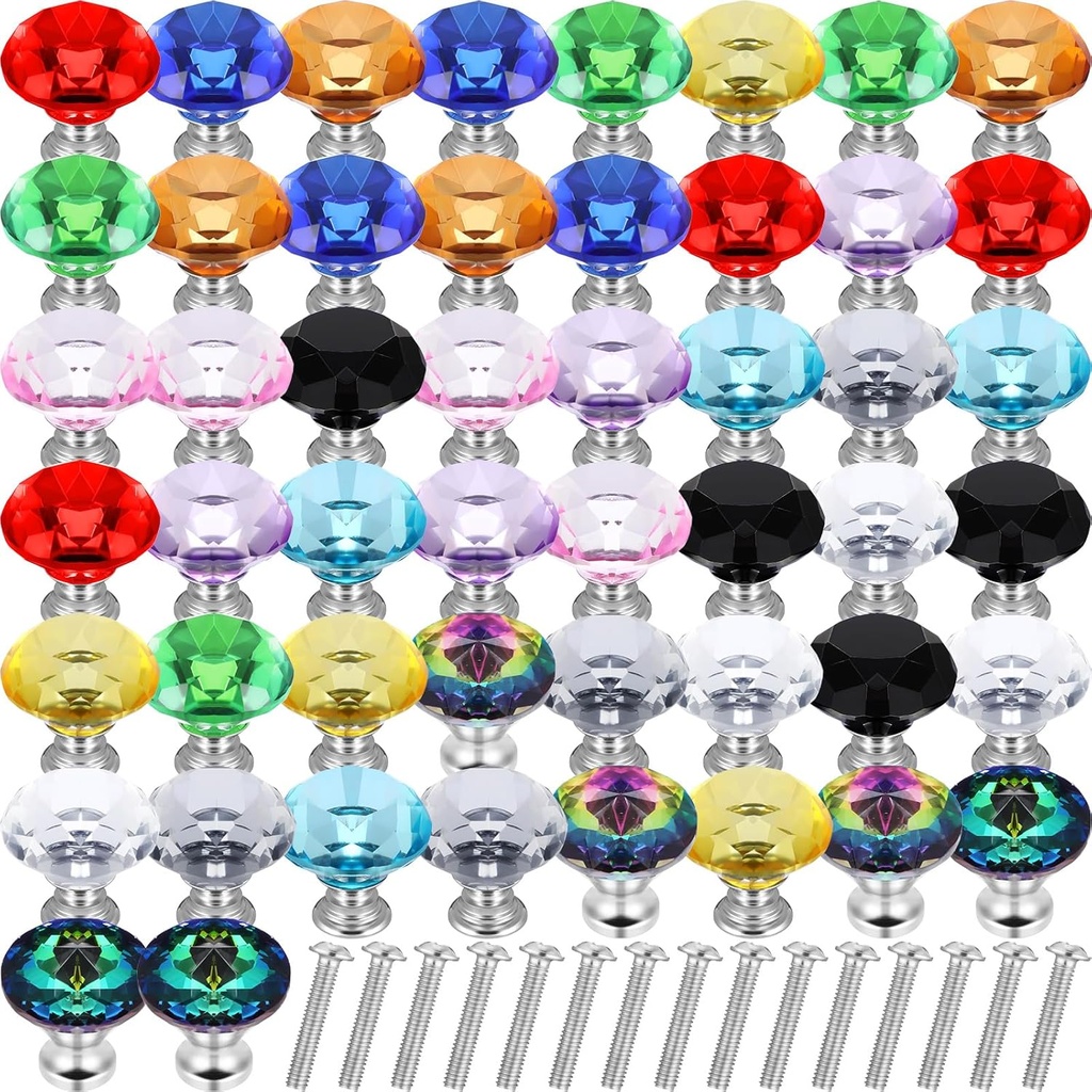 50 Pcs Colorful Crystal Cabinet Knobs Glass Dresser Knobs 30mm Colored Diamond Shape Drawer Pulls Handle with Screws for Kitchen Wardrobe Bathroom Cupboard