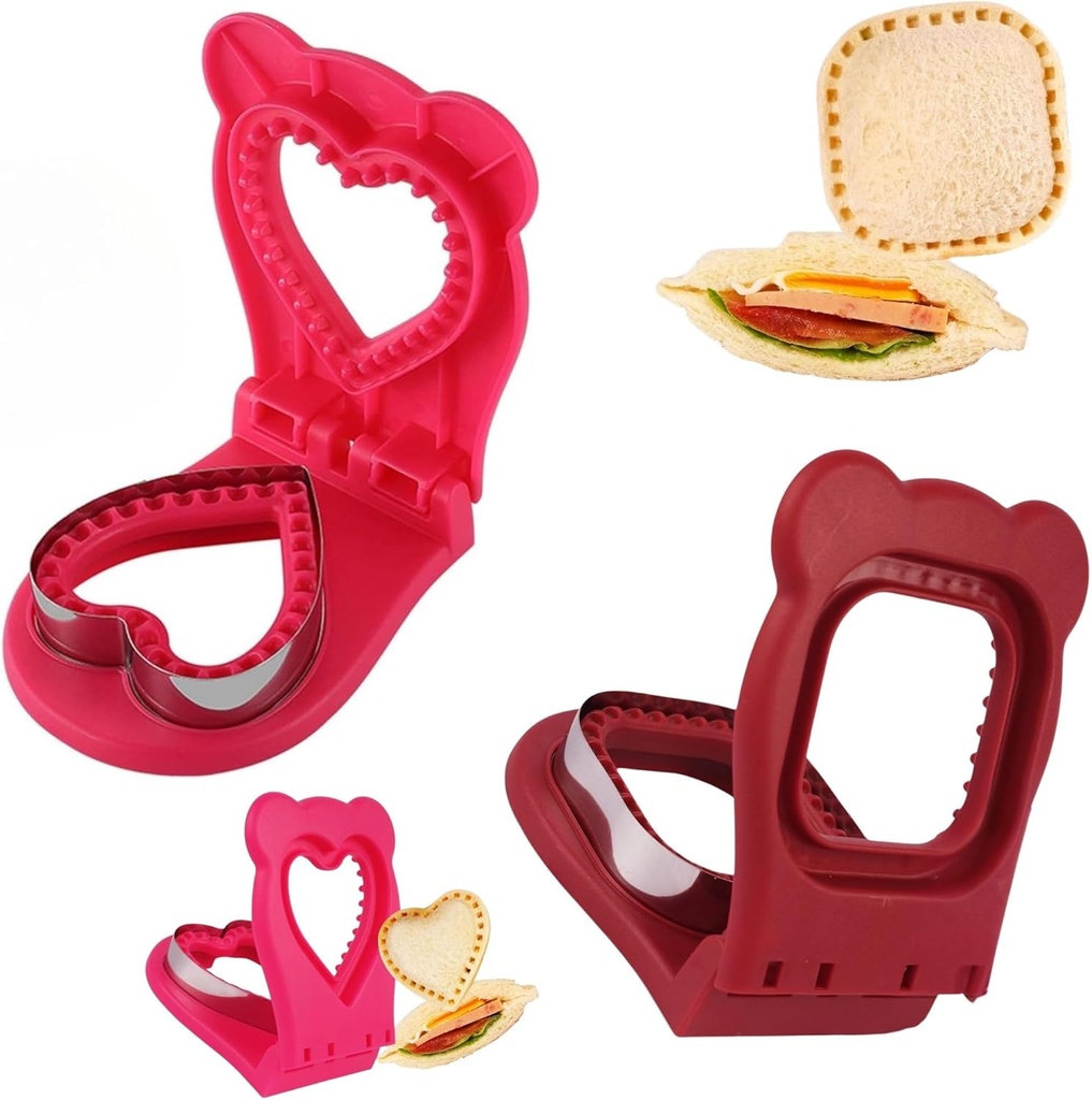 2pcs Sandwich Cutter and Sealer for Kids,DIY Decruster Pocket Sandwiches, Sandwich Cutter-Sandwich Maker for Lunchbox and Bento Box (Square Red+ Heart Fuchsia)