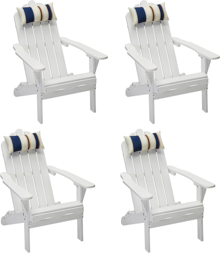 White Adirondack Chairs Set of 4 Outdoor Patio Folding Lounge Wood Outside Deck, Porch, Lawn, Pool, Yard, Garden, Fire Pit, Heavy Duty