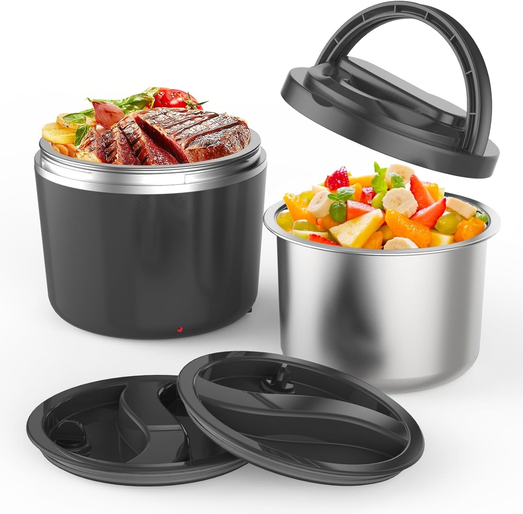 Electric Lunch Box Food Warmer - 105W Fast Heating Lunch Box with Dual 27-Ounce SS Containers - 110V Portable Food Heater for Travel, Office, & On-the-Go - Perfect for Men, Women, Adults