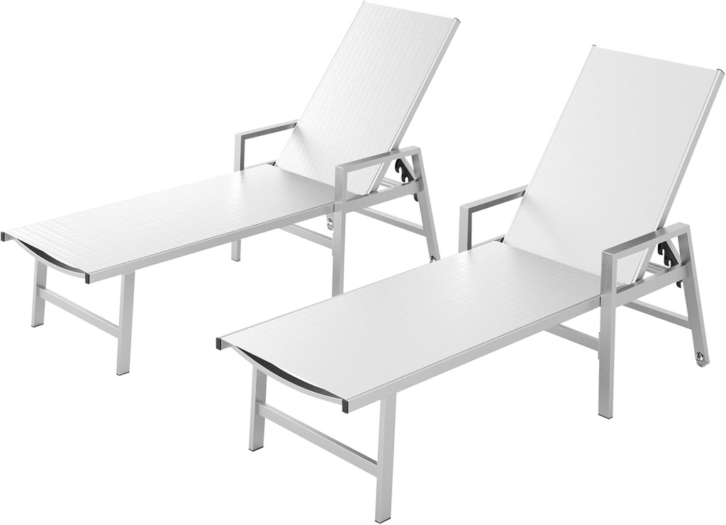 Patio Chaise Lounge Chair Outdoor with Wheels&Armrests, Aluminum Pool Lounge Chairs Set of 2 Five-Position Adjustable Recliner, Outdoor Beach Lounge Chairs for Poolside, Patio, Deck, Yard, White