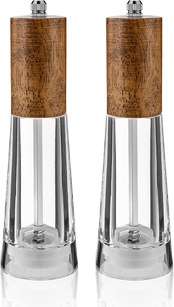Salt and Pepper Grinder Set, Acrylic Pepper Mill with Adjustable Coarseness Wooden Pepper Grinder, Manual Salt Shake Refillable for Kitchen, Pack of 2 (Light Wood)