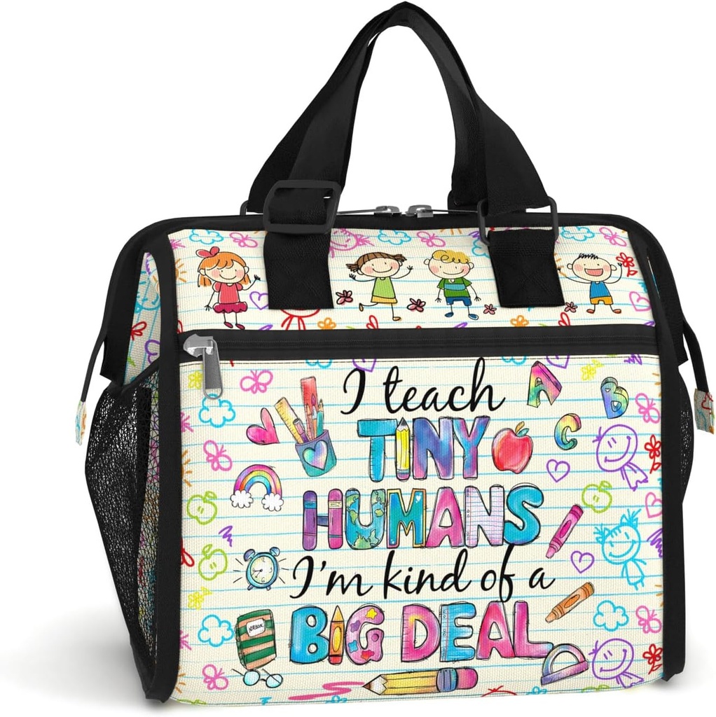 84hoods Insulated Lunch Bag for Women. Gift for Teachers. Large Lunch Box for Work Office Travel Picnic with Adjustable Strap. Tiny Humans.