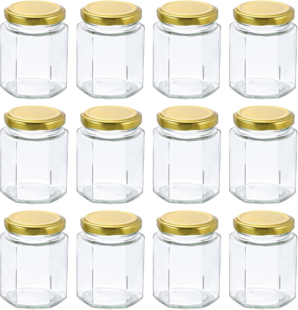 HARFINGTON 12pcs Hexagon Glass Honey Jars 6.1oz Small Mini Honey Jar Container with Gold Lids for Wedding Party Favors Bridal Shower