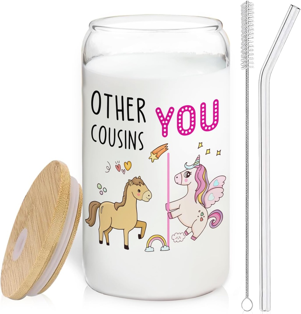 Best Cousin Gifts Glass Cup with Lids and Straws 14oz, Cousin Gifts for Women, Gift for Cousins Female Glass Coffee Tumbler Drinking Jars with Cleaning Brush