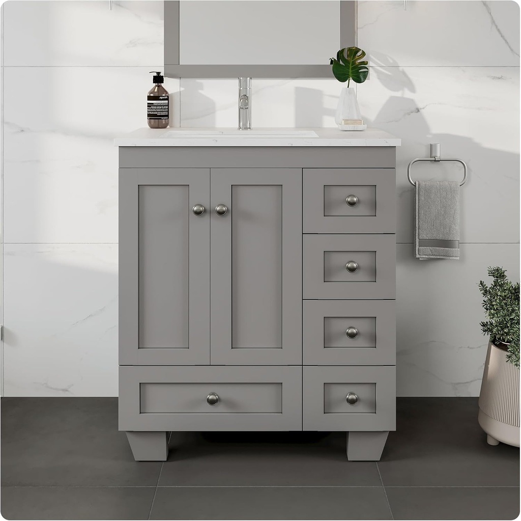 Eviva Happy 28 Inch Grey Bathroom Vanity with Quartz Top & Porcelain Sink