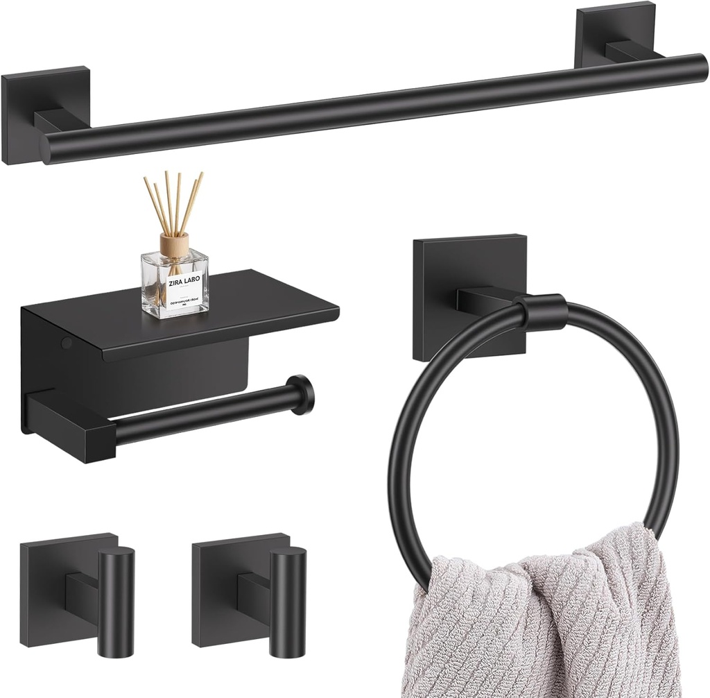 5-Piece Black Bathroom Hardware Set, SUS304 Stainless Steel Bathroom Accessories Set 23.6 inches Towel Bar, Toilet Paper Holder with Shelf, Towel Ring and Two Towel Hooks Wall-Mounted