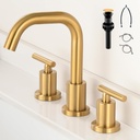 Brushed Gold Bathroom Faucet for Sink 3 Hole, 8 inch Widespread Bathroom Faucets | Brass Gold Vanity Faucets with 360° Swivel Spout 2 Handle Gold Sink Faucet with Drain & Supply Hoses