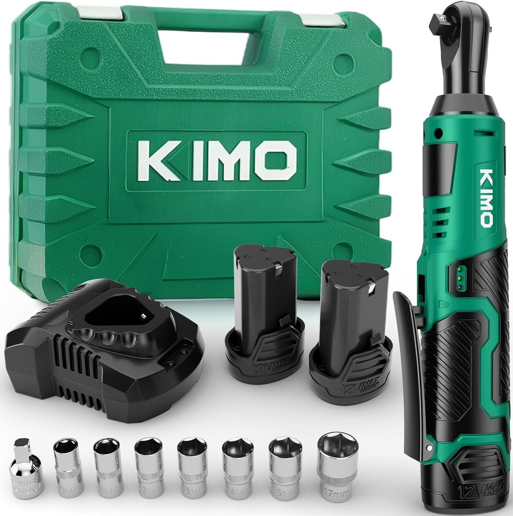 KIMO Cordless Electric Ratchet Wrench Set, 40Ft-lbs, 400RPM, 12V Cordless Ratchet Wrench 3/8" w/ 60-Min Charger, 7Sockets, 1/4" Adapter, Forward/Reverse Switch, 2x2.0Ah Battery, Variable Speed Trigger
