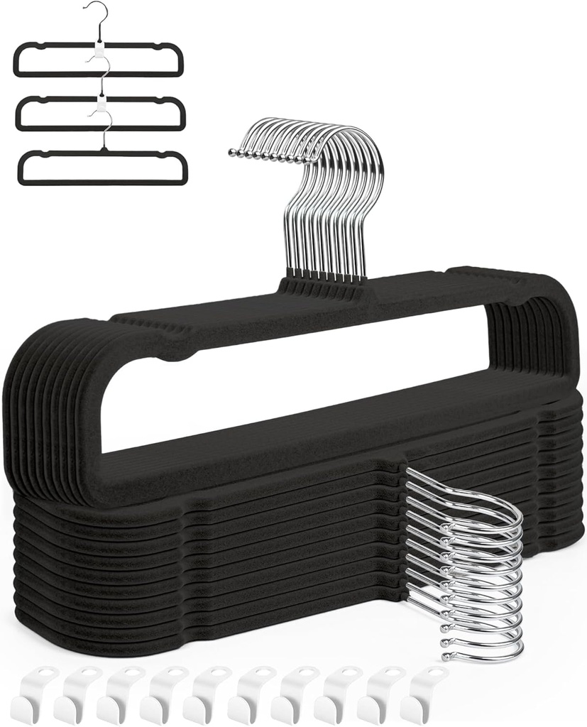 Velvet Pant Hangers, 20pcs Heavy Duty Flocked Trouser Hangers with Non-Slip Bar, 35cm(L) Adult Clothes Hanger with Swivel Hook, Slim Felt Jean Hangers (Black-Silver) Short Neck Huggable Hangar