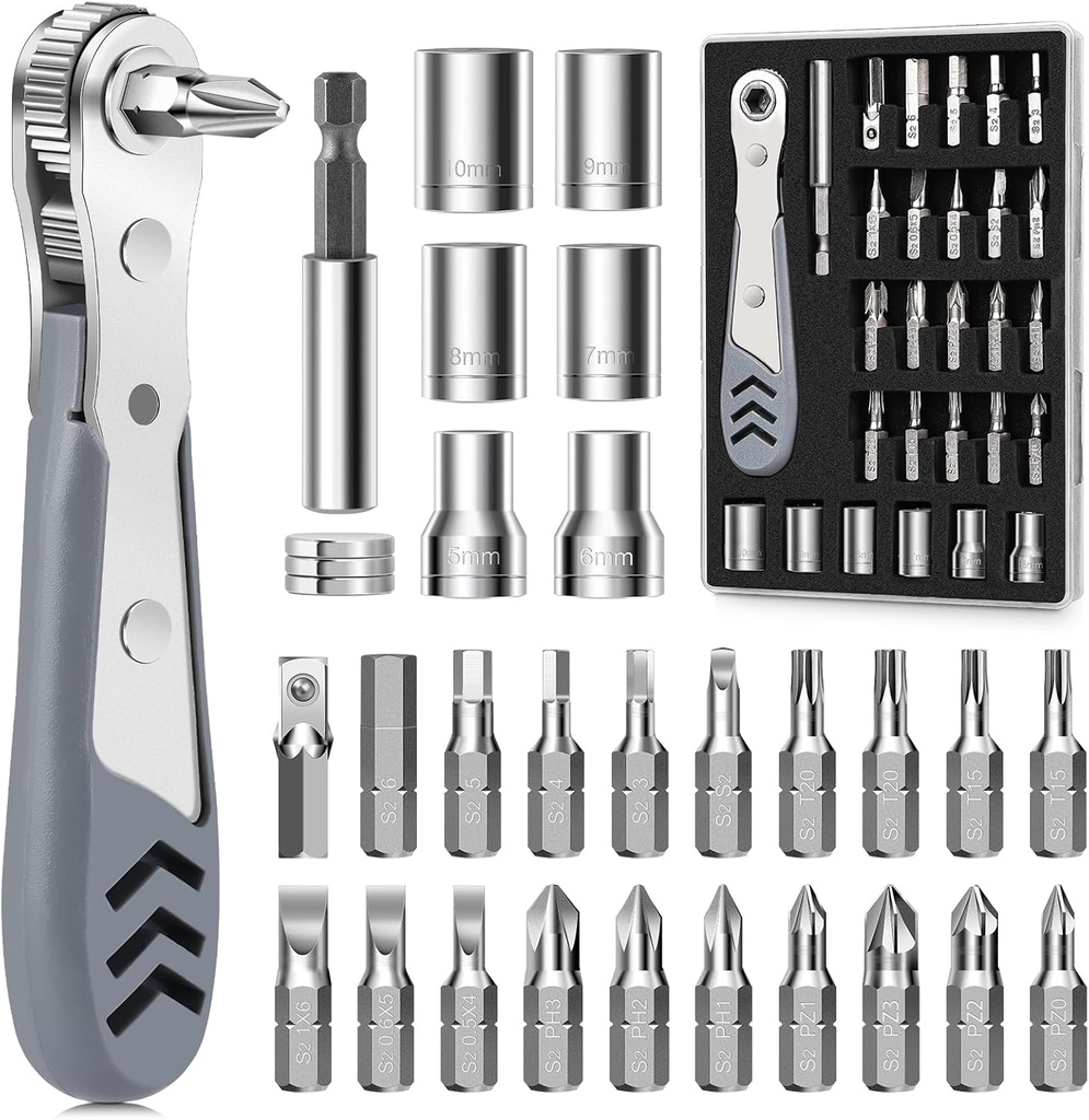 30in1 Right Angle Screwdriver, 36-Tooth Mini Ratchet Wrench, Angle Screwdriver for Tight Spaces, Low Profile Offset screwdrivers, Magnetic Ratchet Screwdrivers Repair Tool