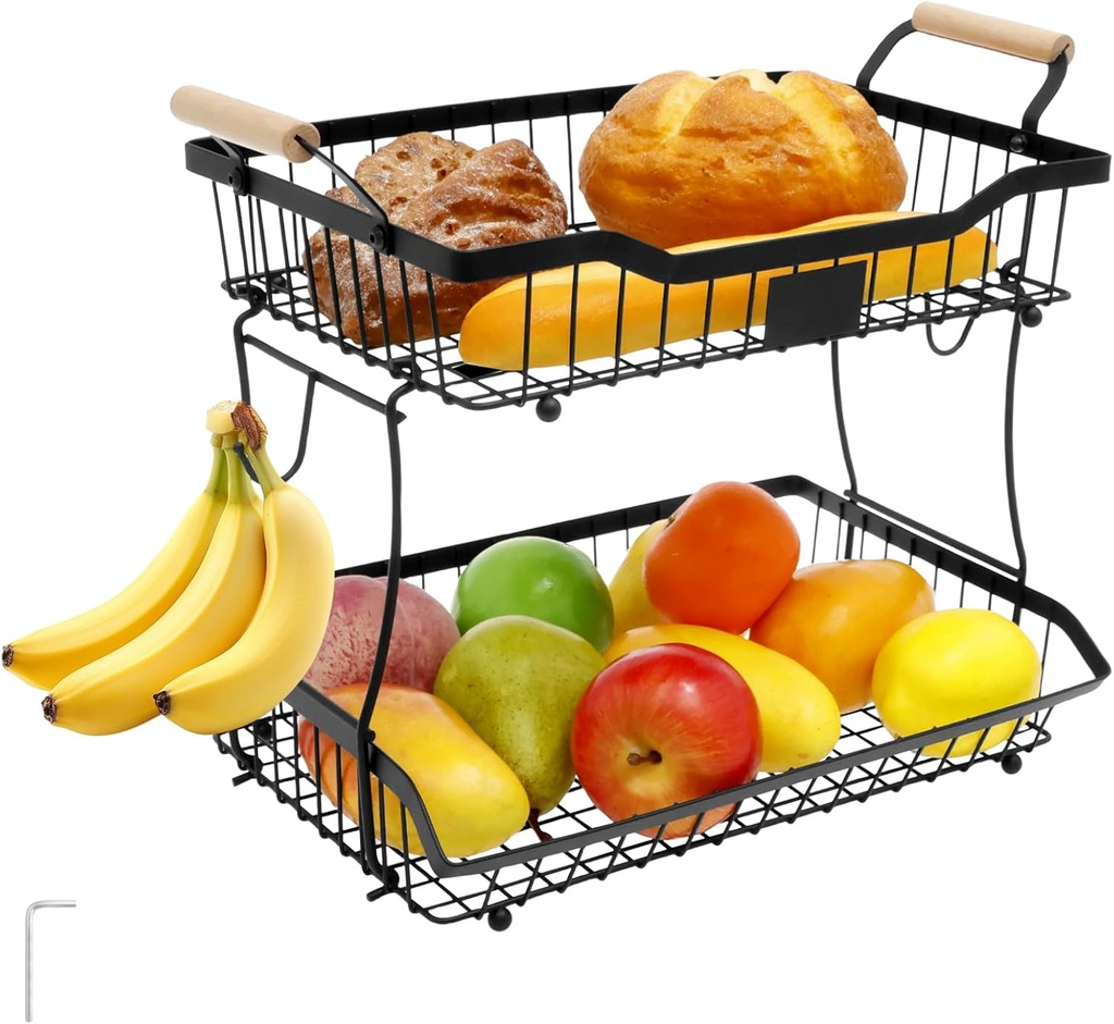 2 Tier Fruit Basket with Banana Hangers Metal Iron Vegetable Basket Countertop Fruit Bowl for Produce Snack Onion Bread