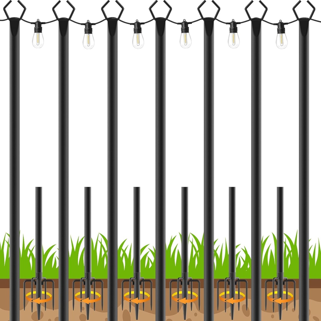 7 Pack 10 FT String Light Poles,Metal with Fork Lights Poles for Outdoor String Light, Rustproof Heavy Duty for Outside Garden,Patio,Wedding,Backyard,Deck,Party
