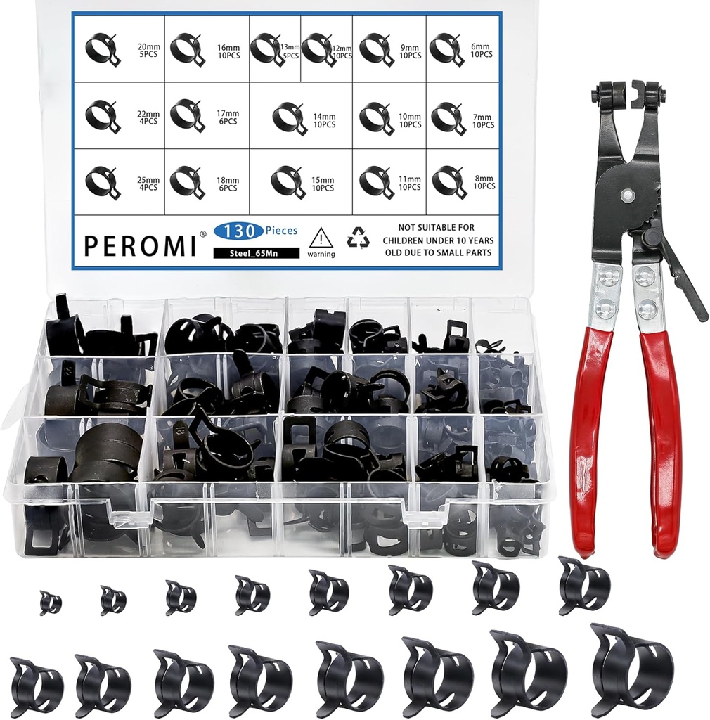 130Pcs 6-25mm Spring Band Hose Clamps With Swivel Flat Hose Clamp Plier Assortment Kit, Constant Tension Steel Clamps for Fuel Lines, Silicone, Vacuum Hoses & Low-Pressure Air Clips By PEROMI