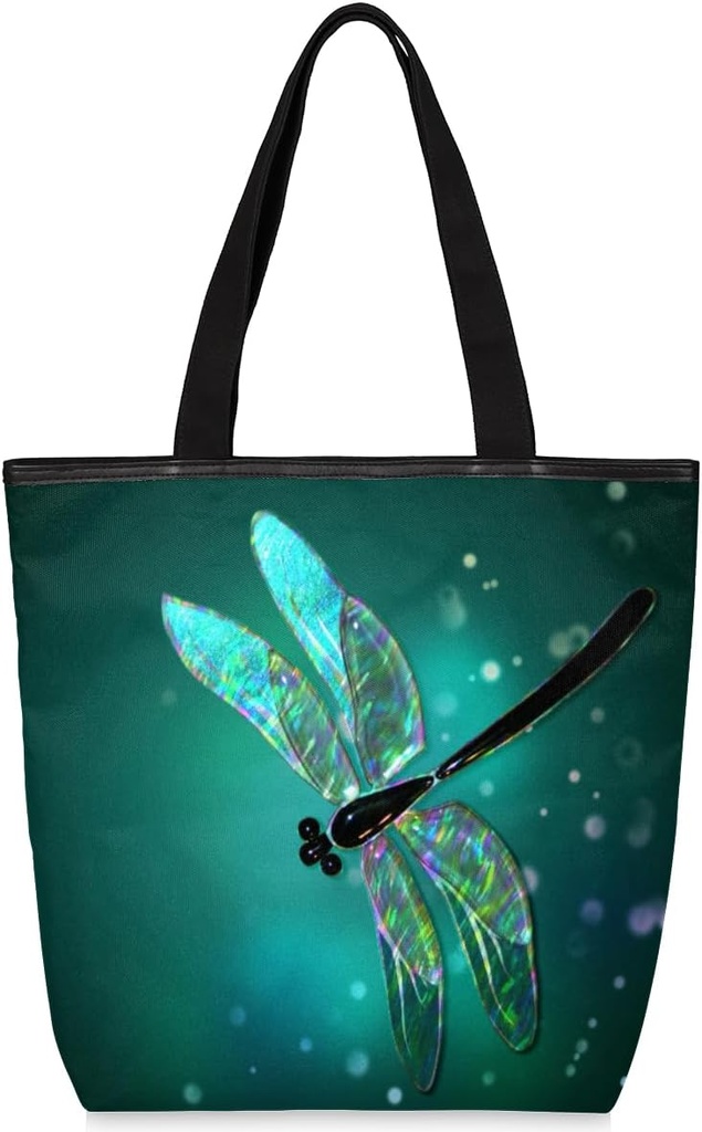 Dragonfly Cute Canvas Tote Bags, Eco Friendly Reusable Grocery Shopping Bags for Beach, Books, Women & Girls With Zipper Inner Pocket
