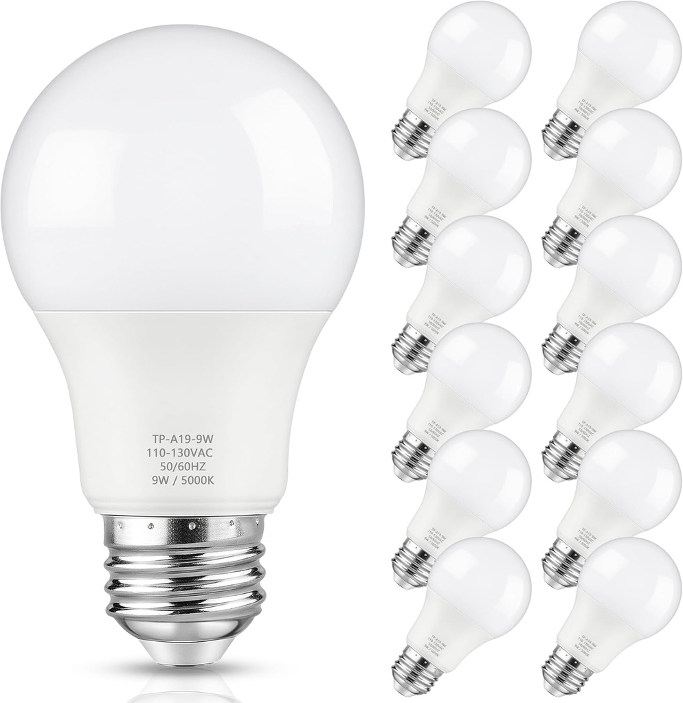 A19 LED Light Bulb, 60 Watt Equivalent LED Bulb, Daylight White 5000K, 850 Lumen, E26 Base, Non-Dimmable, 9W Bright White LED Bulb, 12-Pack