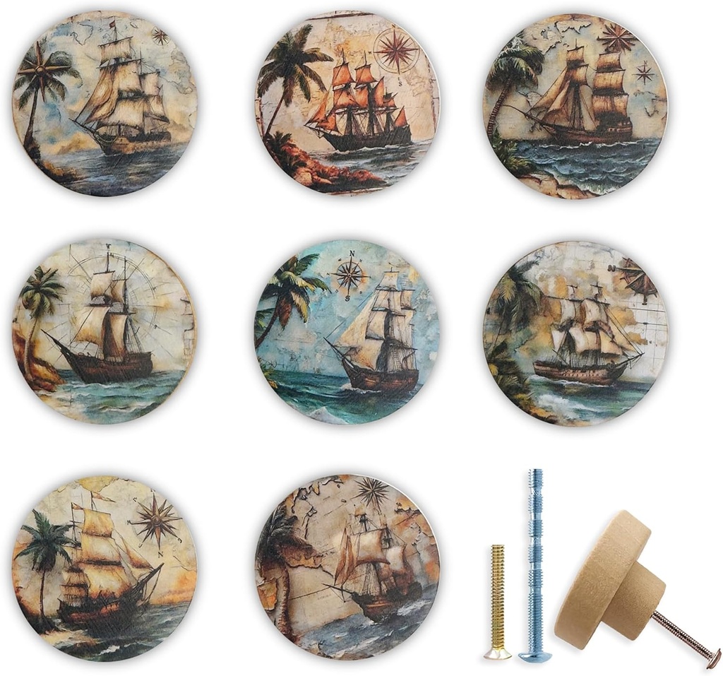 1.8" 8PCS Vintage World Nautical Wooden Sailboat Farmhouse Kitchen Cabinet Room Furniture Dresser Drawer Knobs Pulls